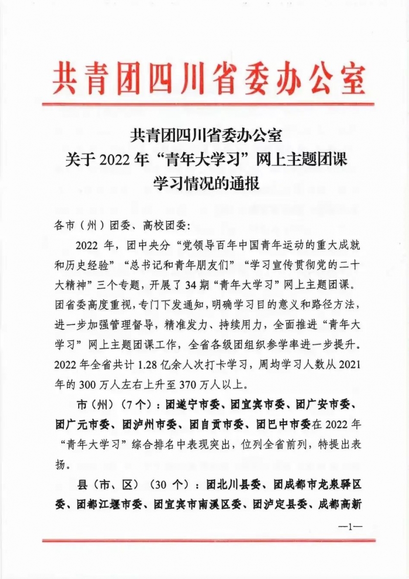 我校“青年大学习”网上主题团课学习情况受到团省委表扬